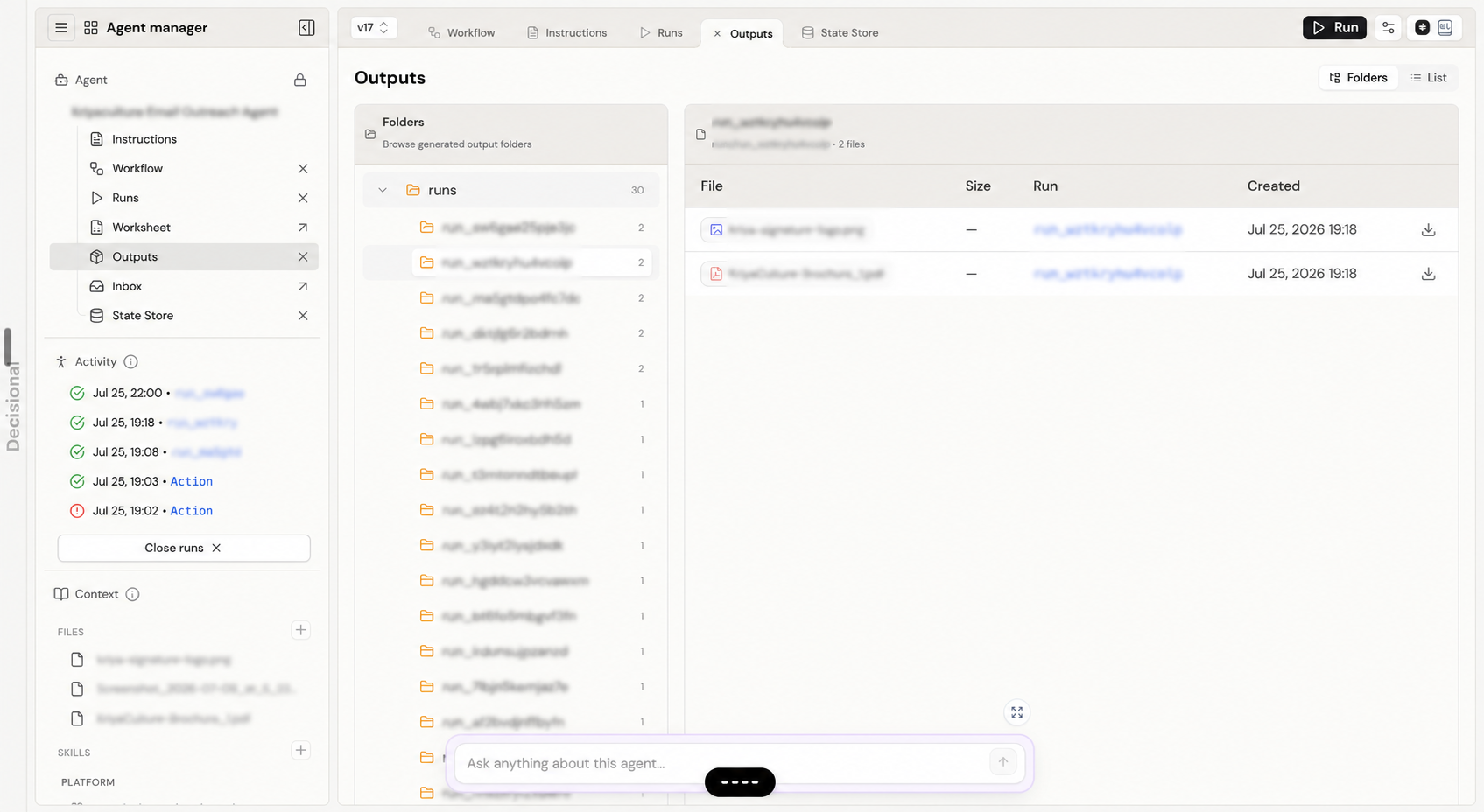 Outputs tab with generated files grouped into folders by agent run