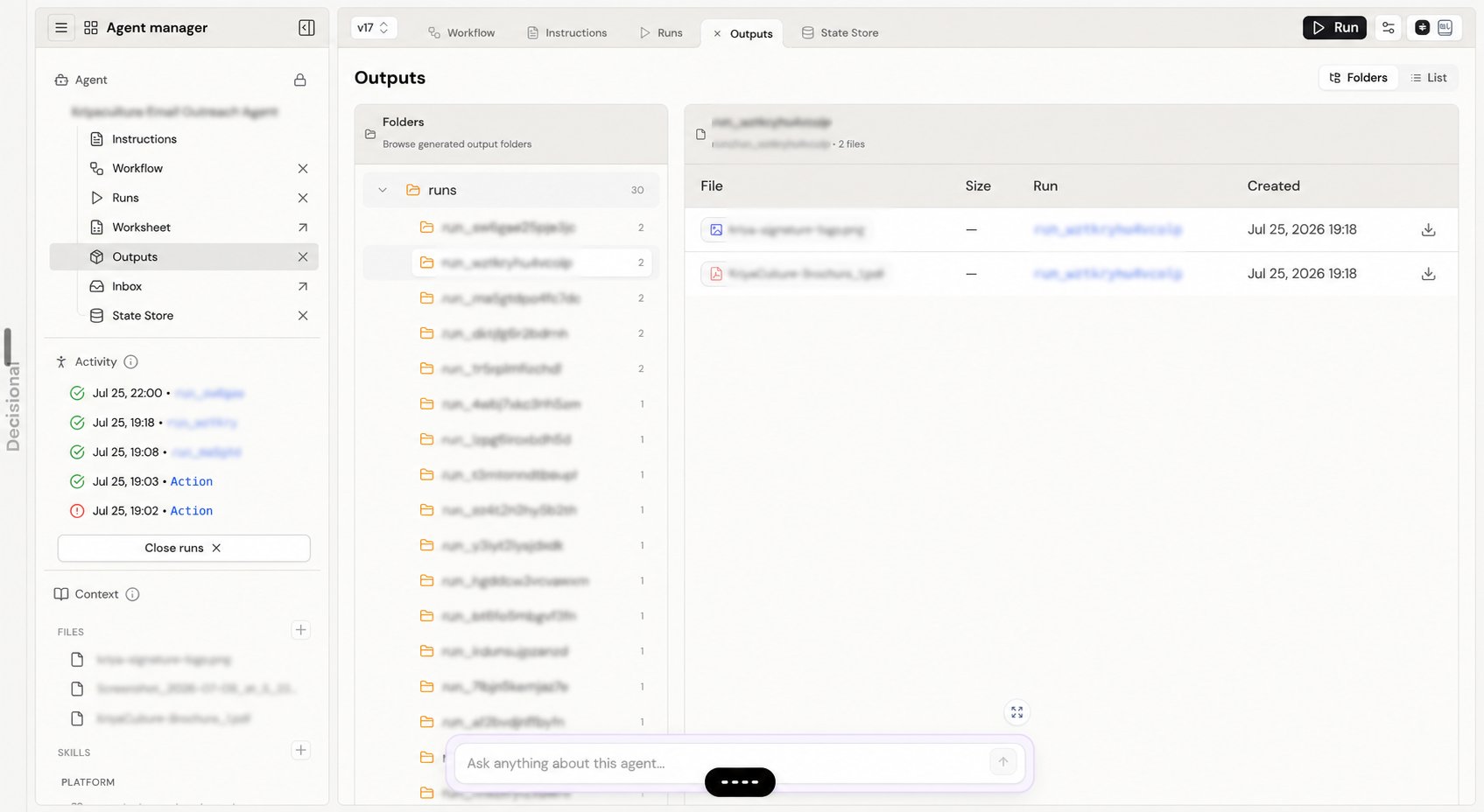 Outputs tab with generated files grouped into folders by agent run