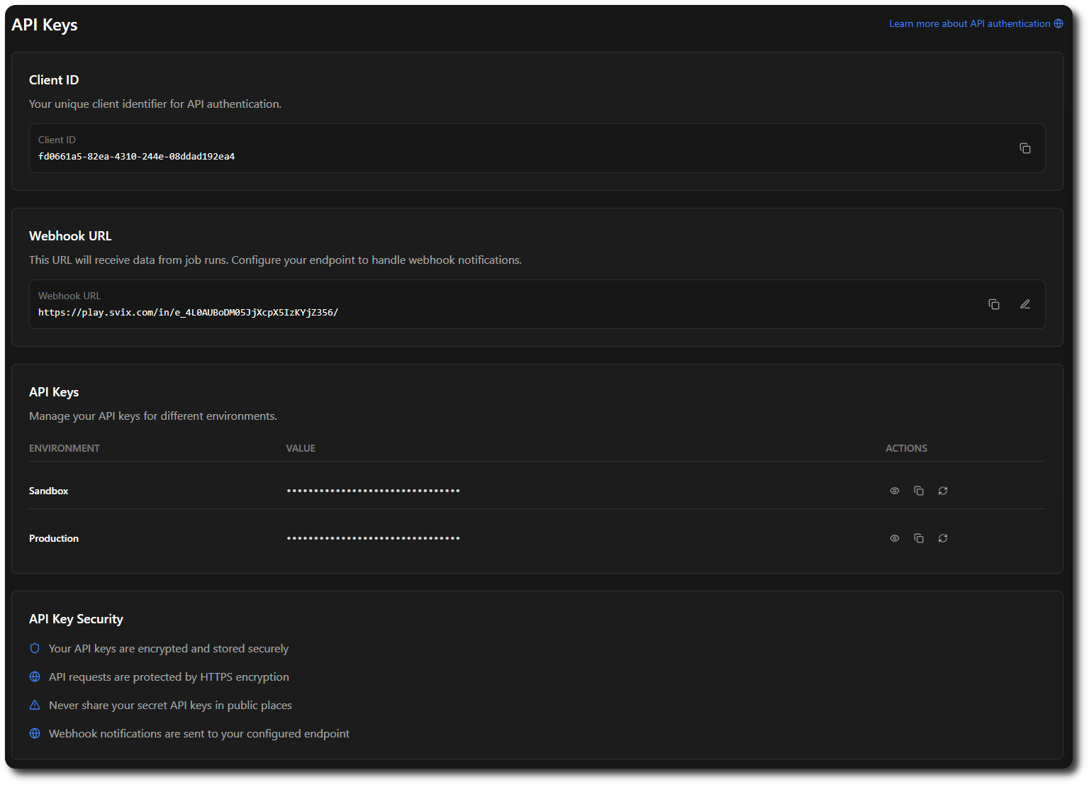 API Keys in Dashboard