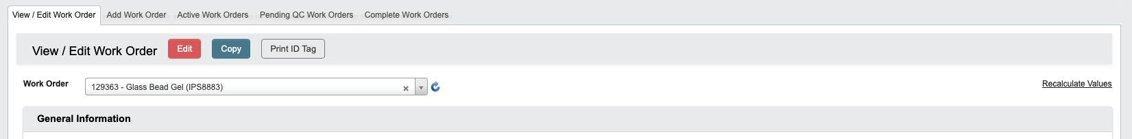 Manage Work Order Toolbar