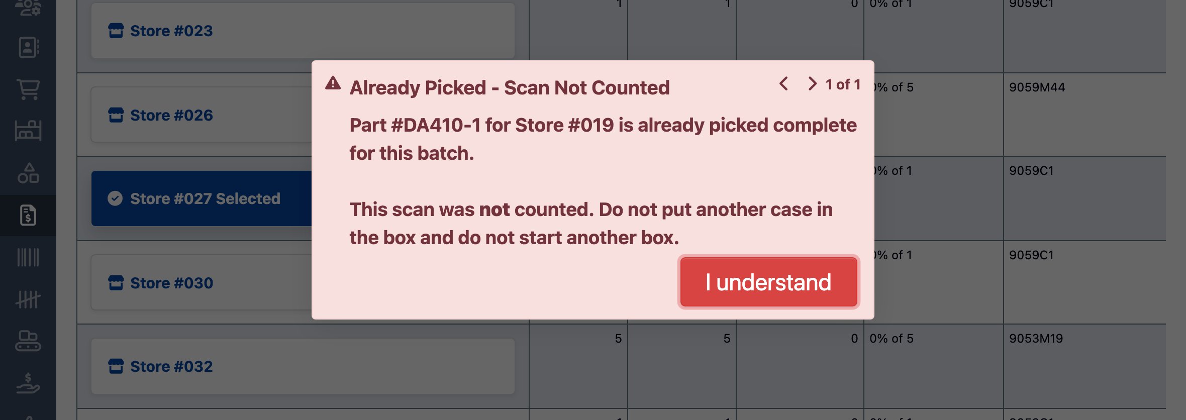 Scan refused because the store's quantity is already picked
