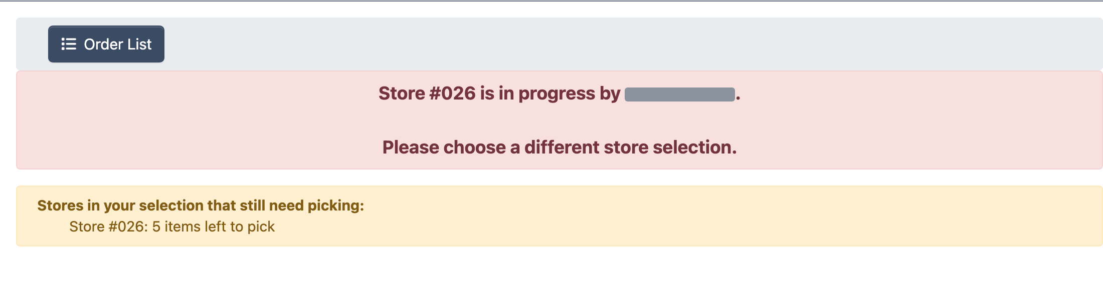 Refused store selection showing who holds the store and what still needs picking