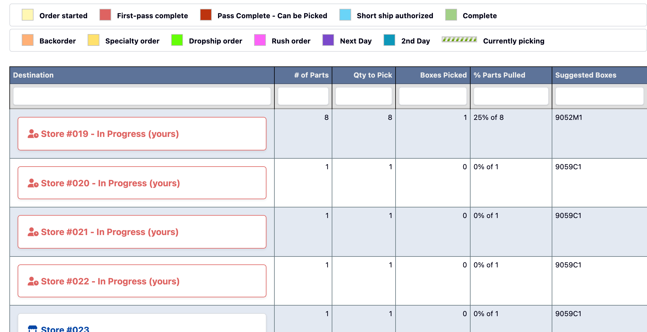 Pick-to-store store list with stores already in progress under your badge