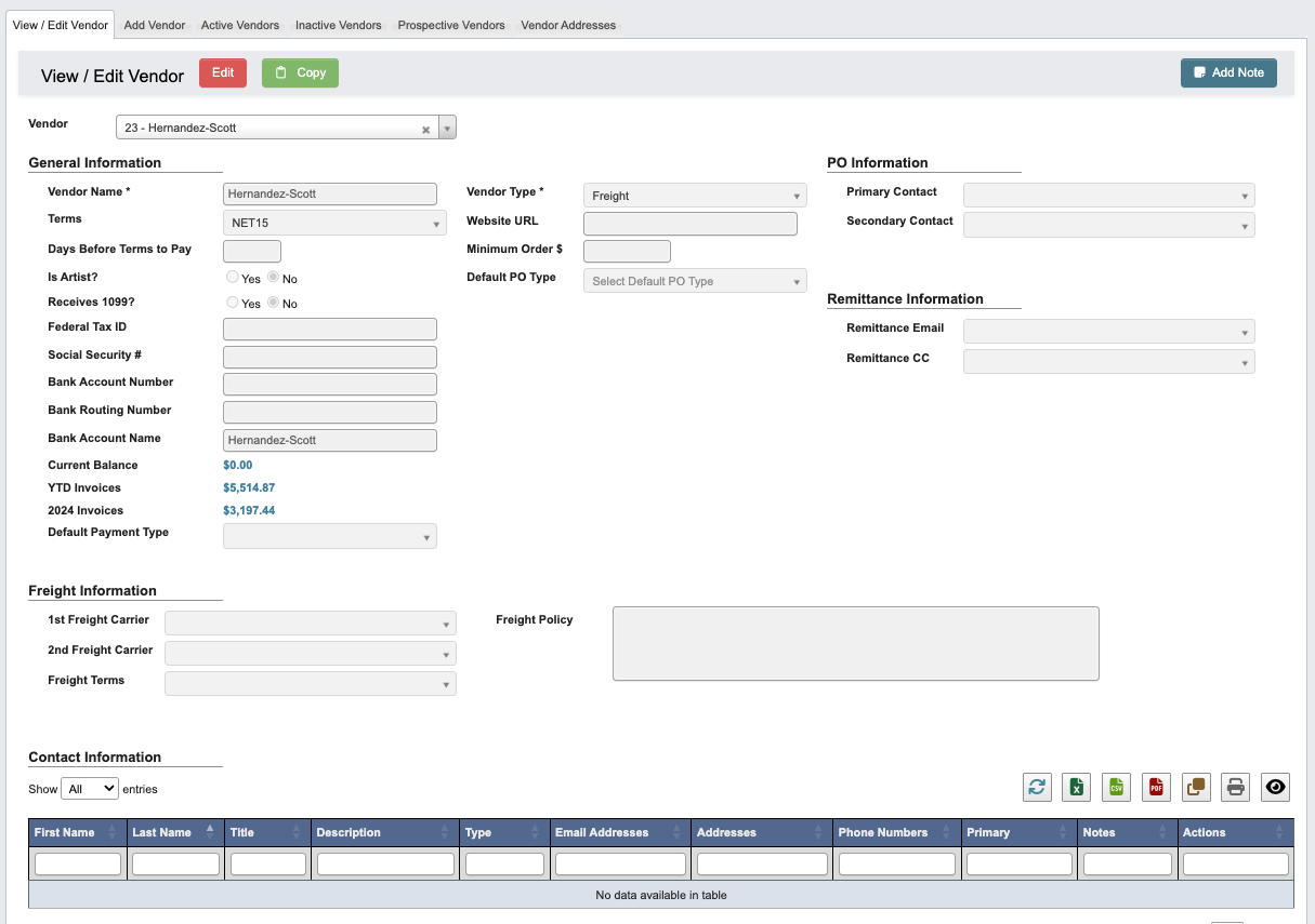 View / Edit Vendor Details