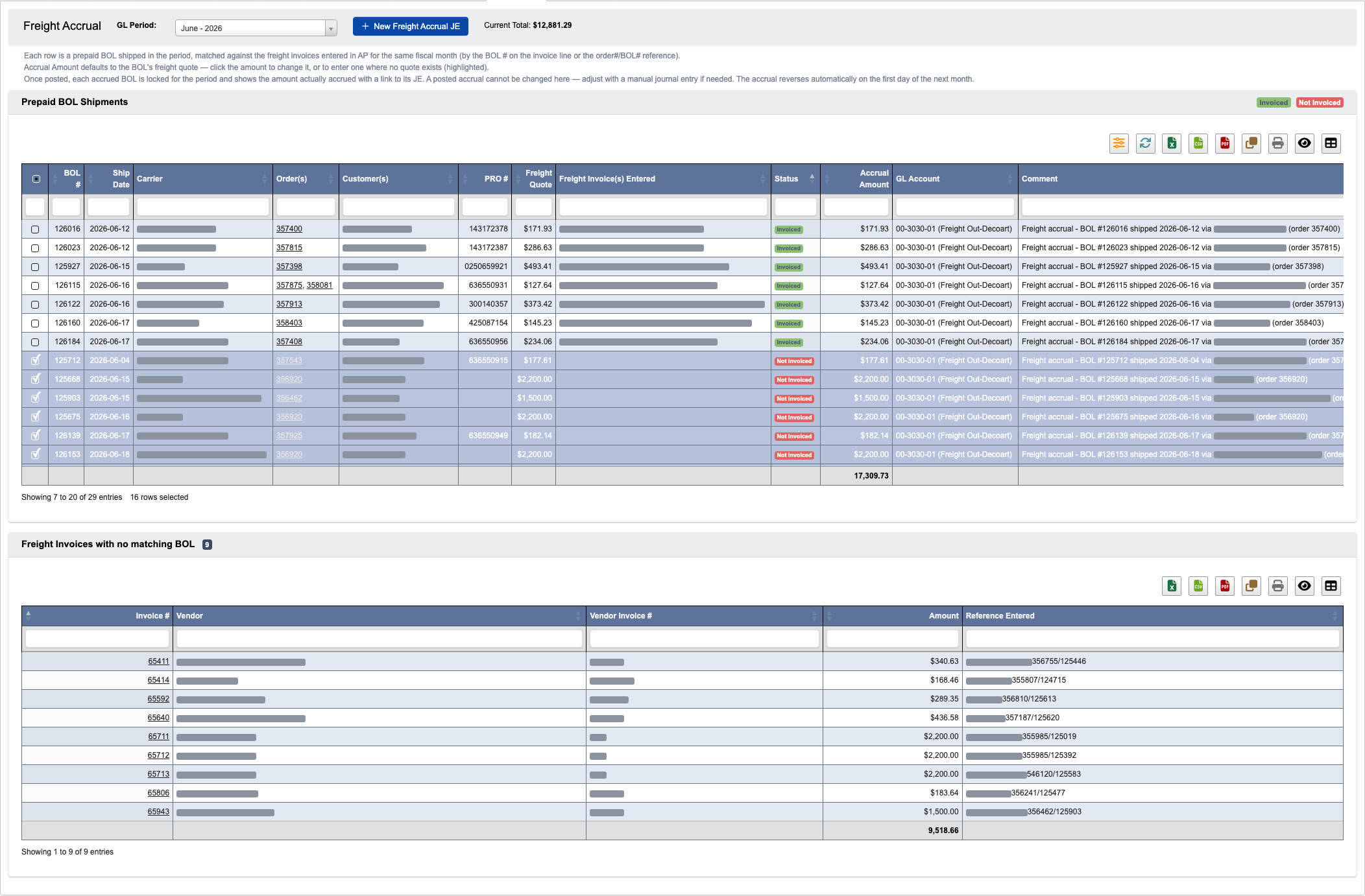 Freight Accrual tab with per-BOL invoice matching and the unmatched invoice list