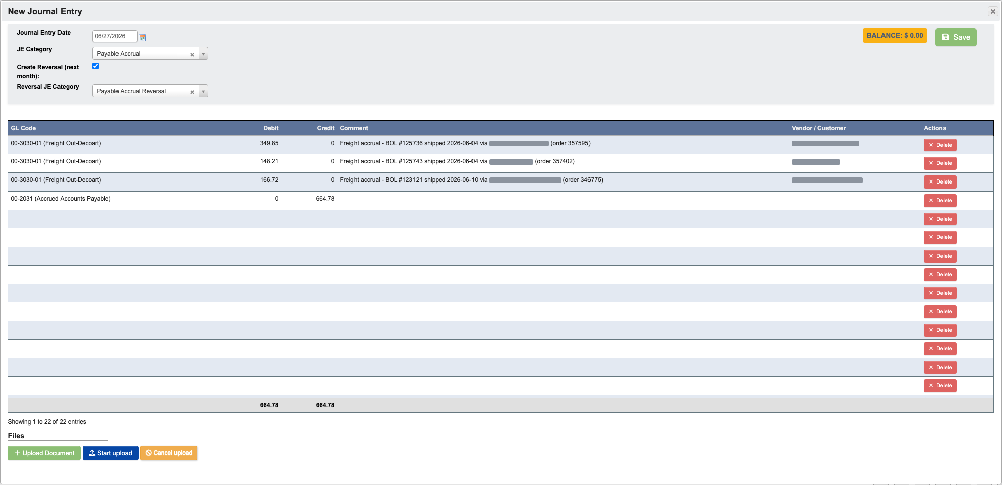Freight accrual journal entry with the automatic next-month reversal pre-checked