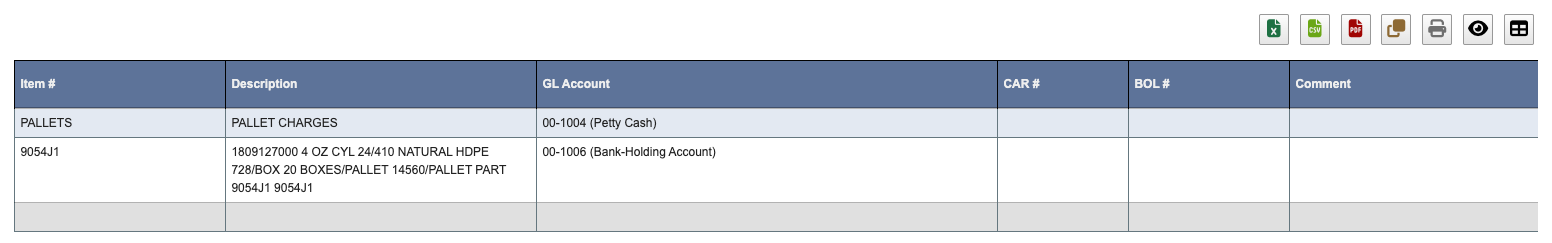 Invoice line items with the BOL # lookup column