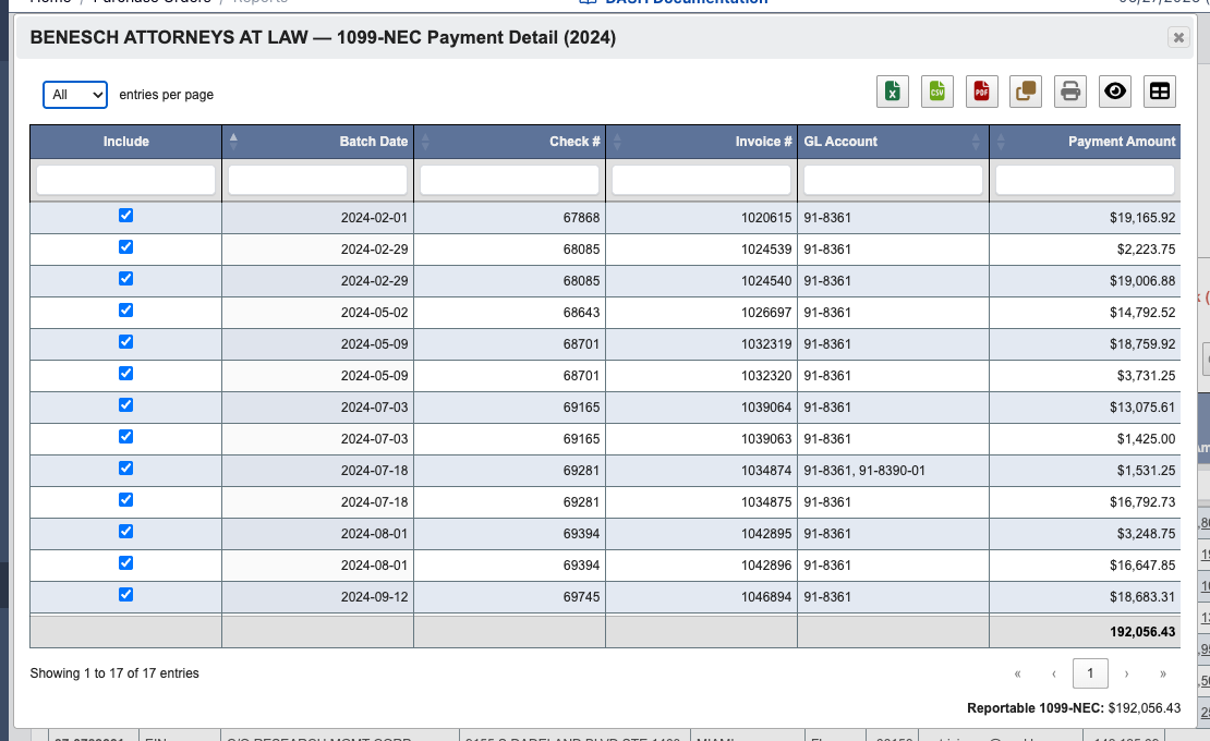 Vendor 1099 payment detail dialog