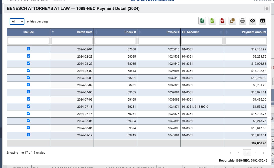 Vendor 1099 payment detail dialog