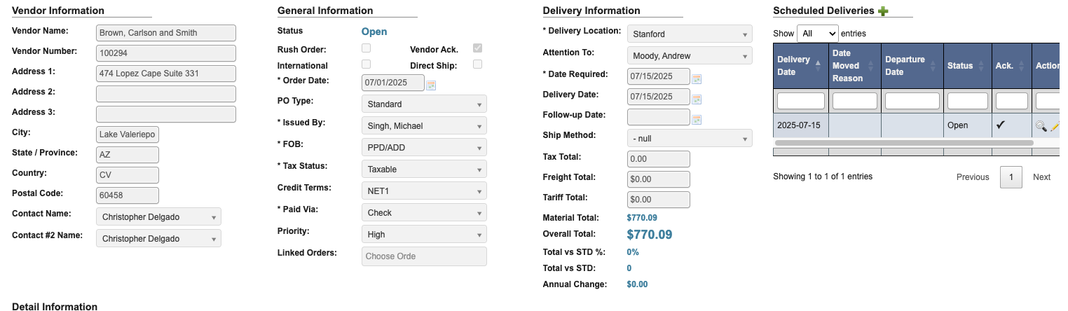 PO Vendor Information
