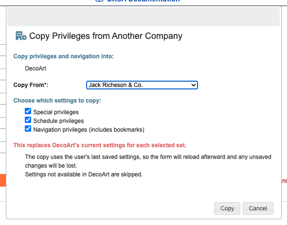 Copy from another company in the user editor