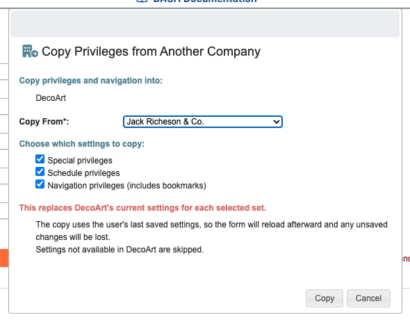 Copy from another company in the user editor