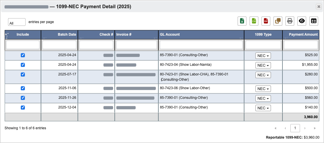 Vendor 1099 payment detail dialog
