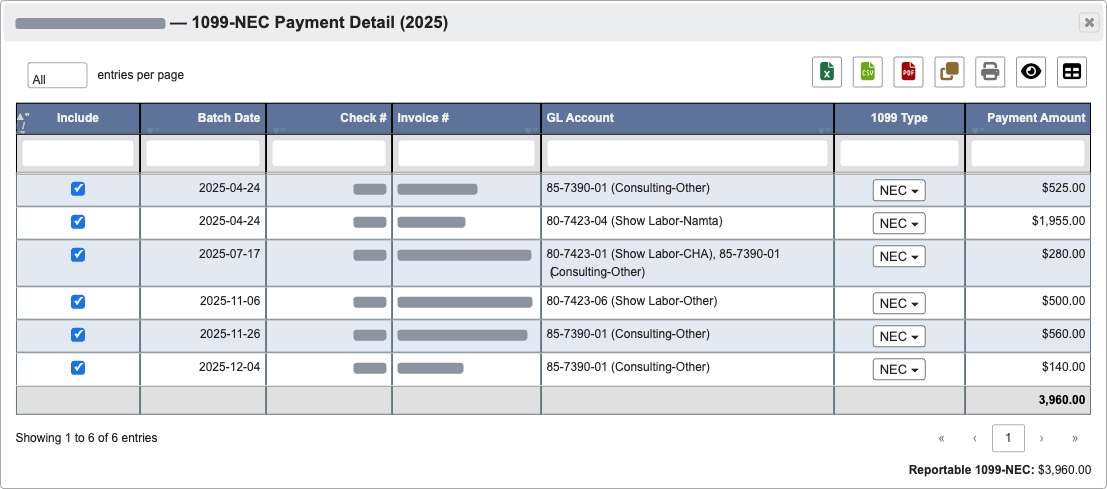 Vendor 1099 payment detail dialog