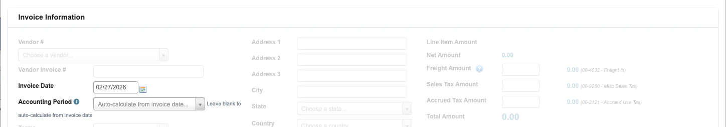 Accounting period override shown for a manual A/P invoice