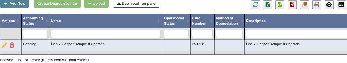 Pending fixed asset created from a completed CAR number