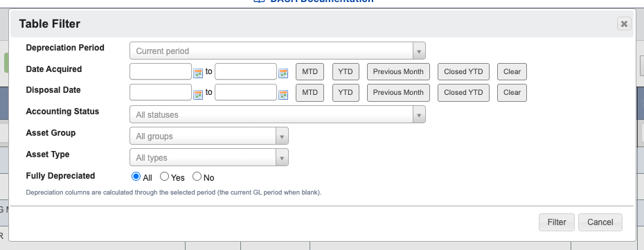 Fixed assets table filter