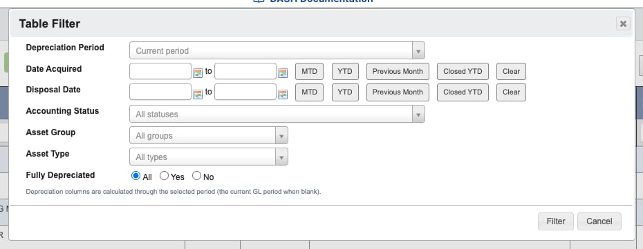 Fixed assets table filter