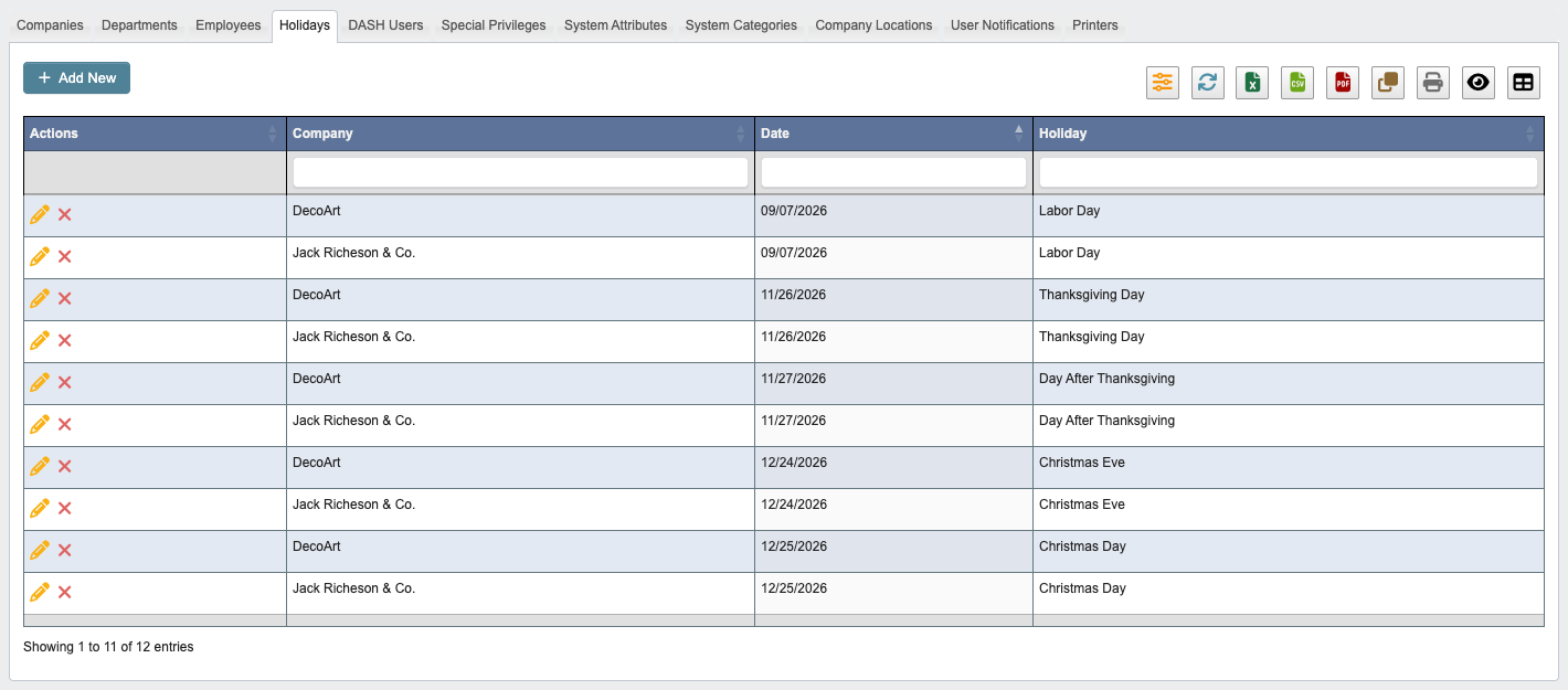 Holidays tab