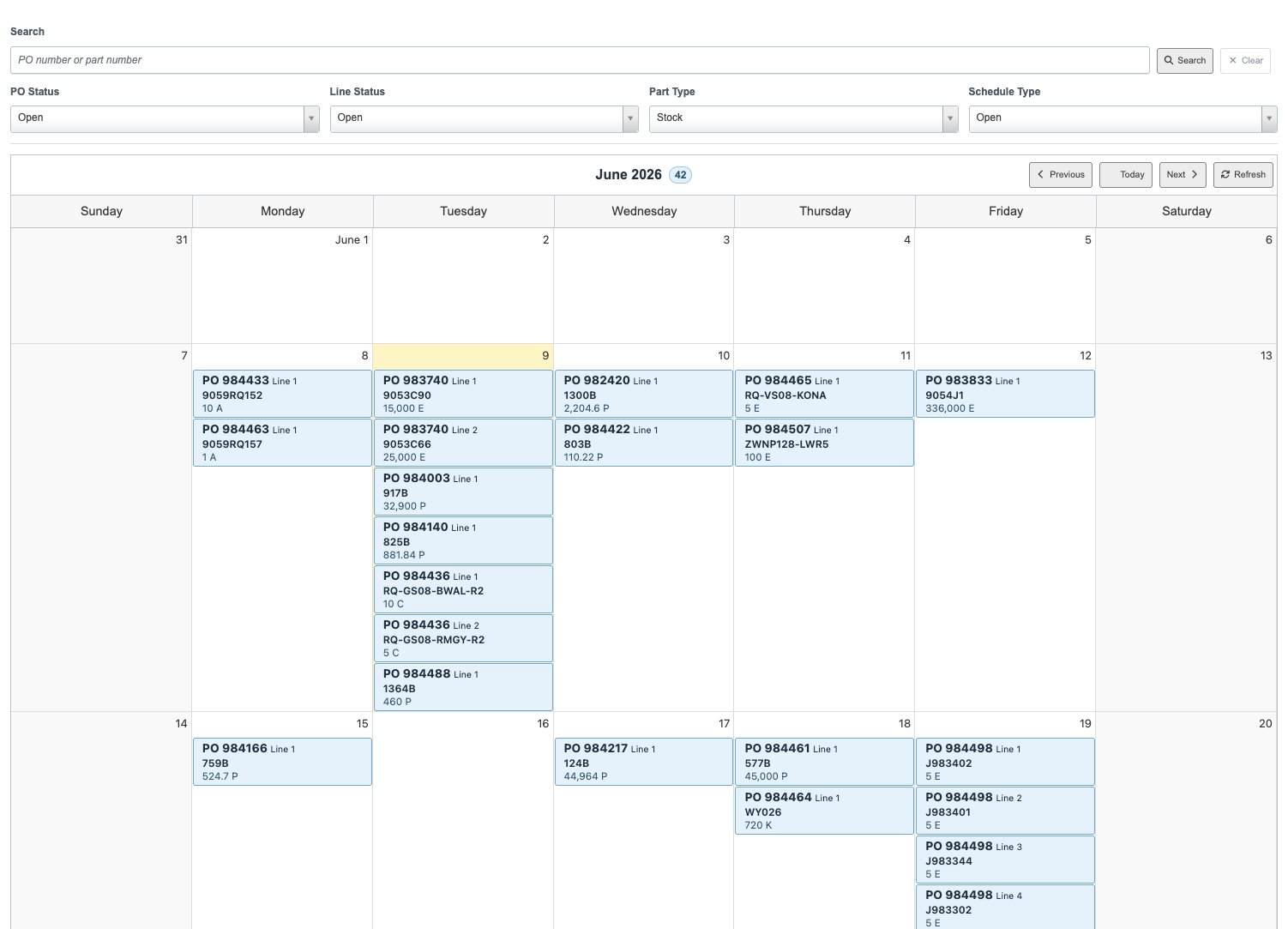 Delivery Calendar