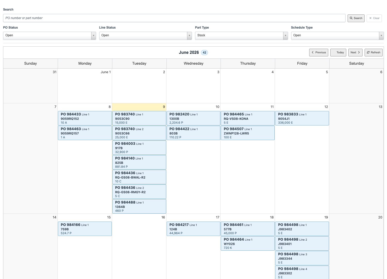 Delivery Calendar