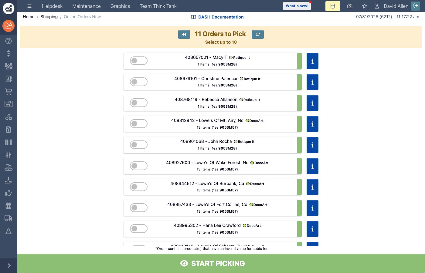 Order selection list with brand indicators