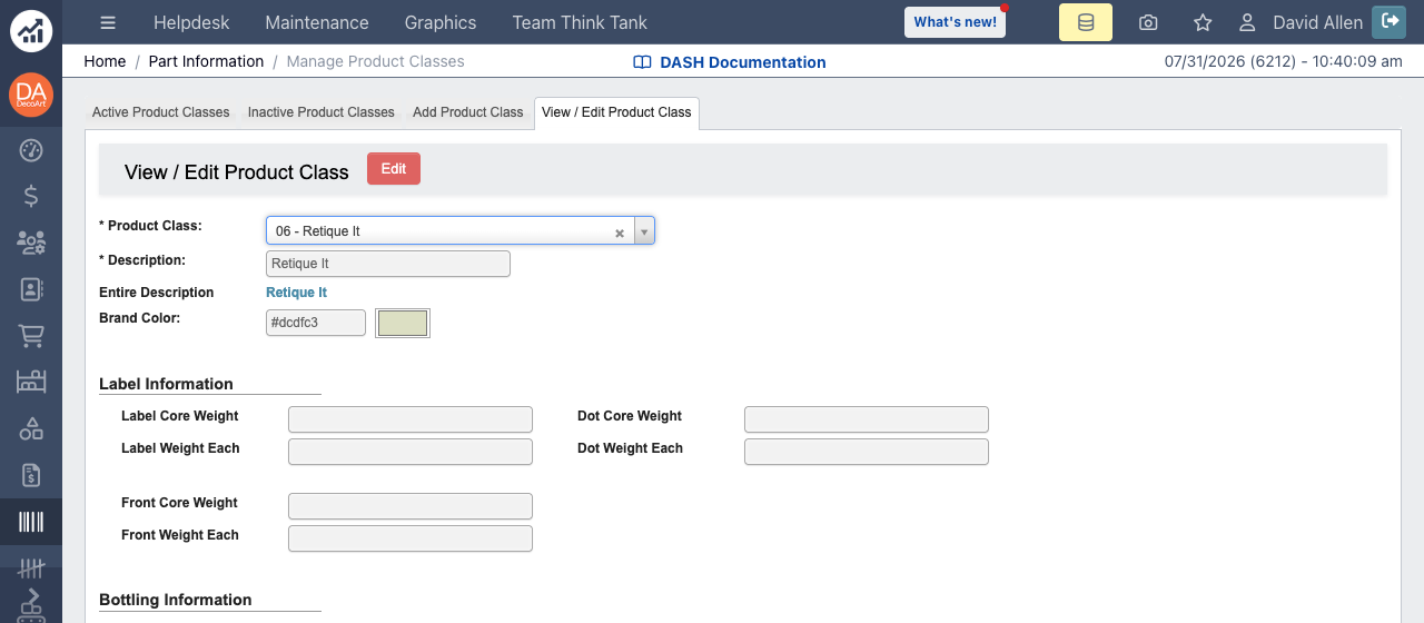 View / Edit Product Class Brand Color field