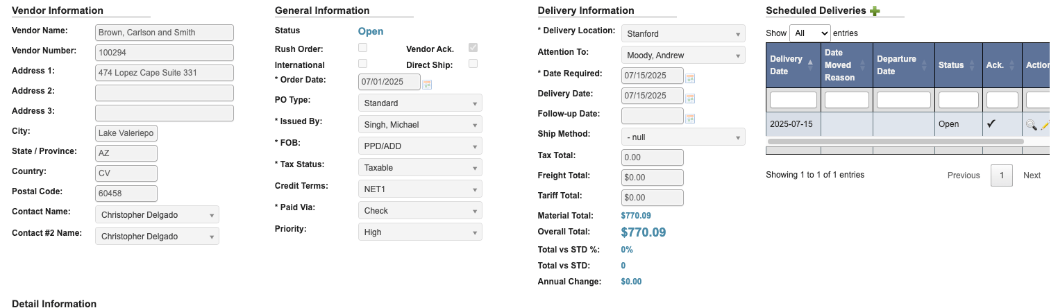 PO Vendor Information