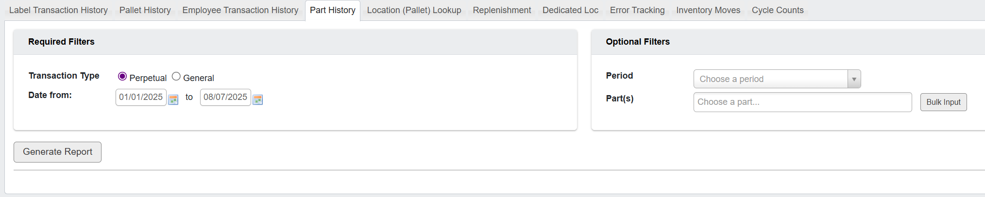 Generate Part History Report