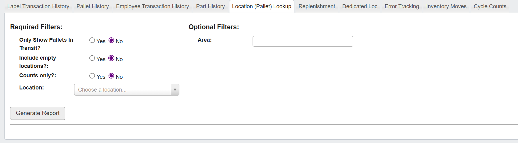 Generate Location (Pallet) Lookup Report