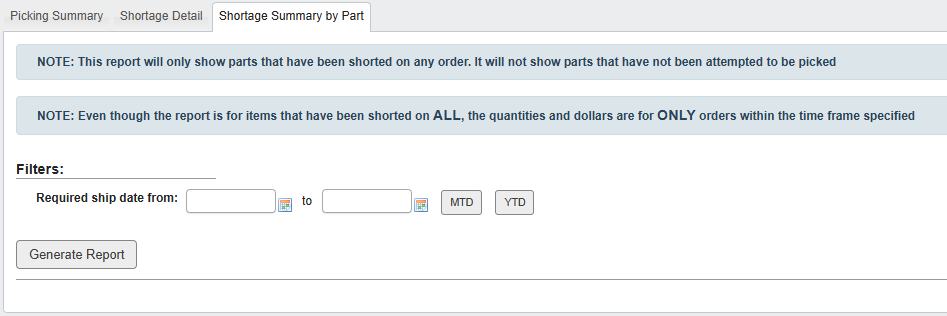 Shortage Summary by Part