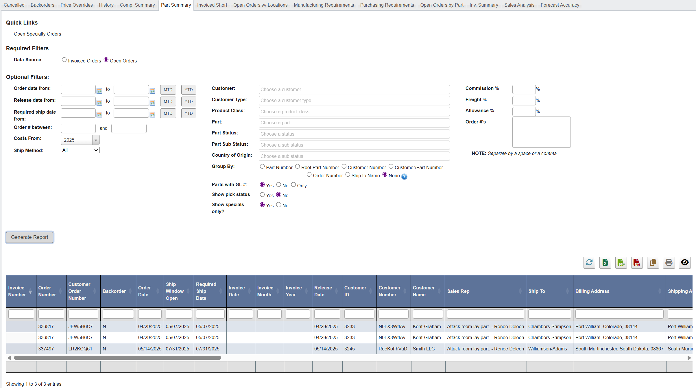 Generate Part Summary report