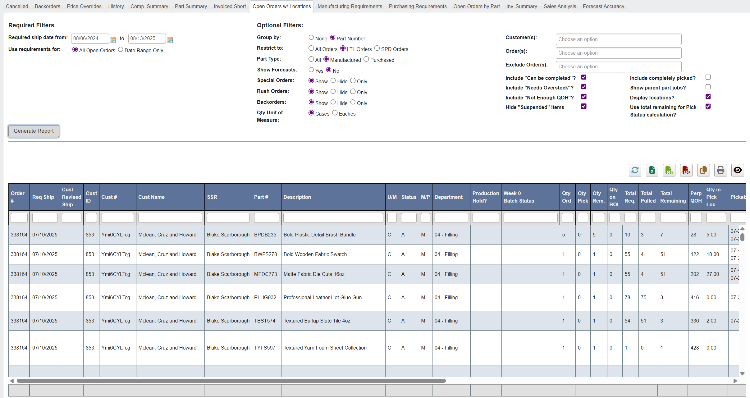Generate Open Orders w/ Locations report