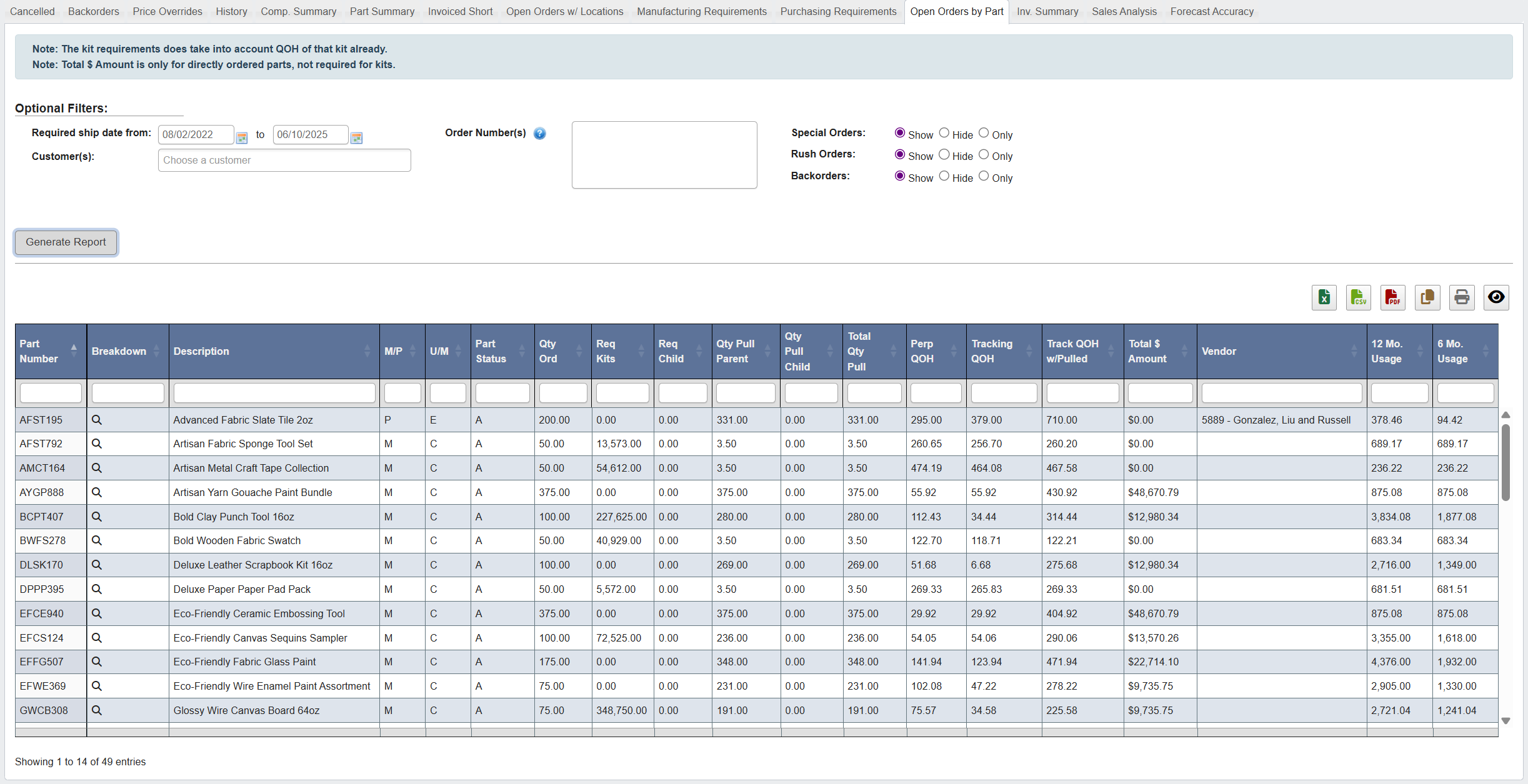 Generate Open Orders by Part report
