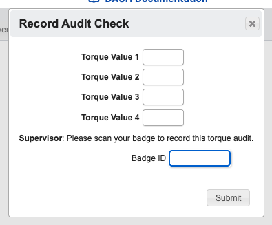 Record Audit Check dialog with the supervisor badge scan