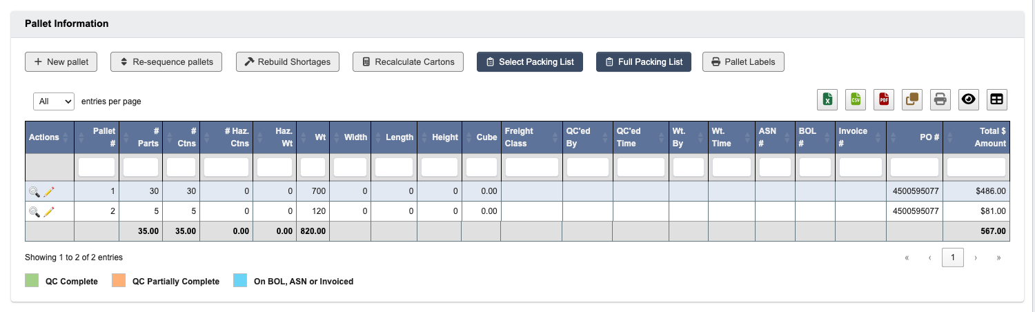 Pallet information total dollar amounts