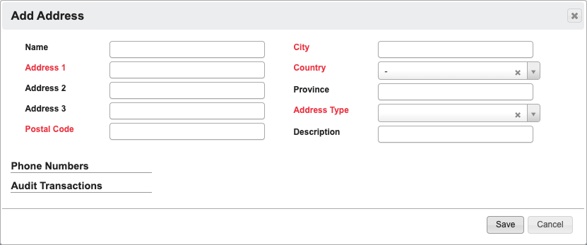 Add Address required fields highlighted