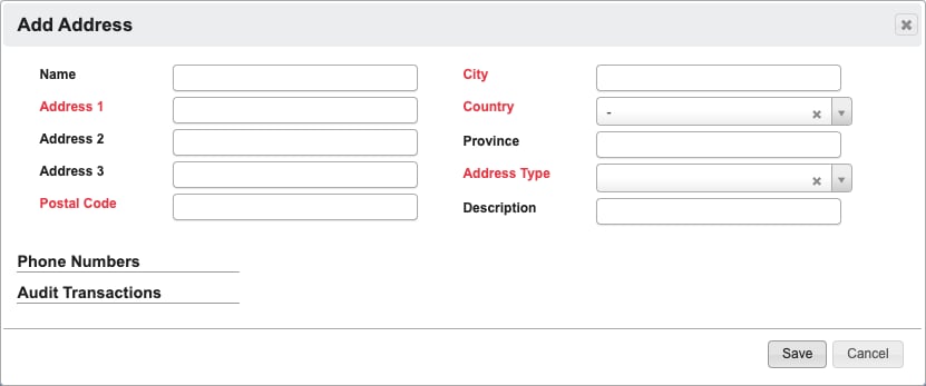 Add Address required fields highlighted