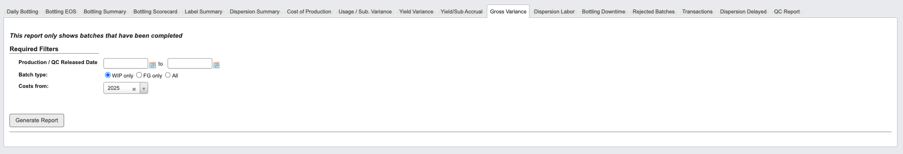 Gross Variance Report