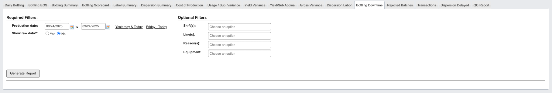 Bottling Downtime Report