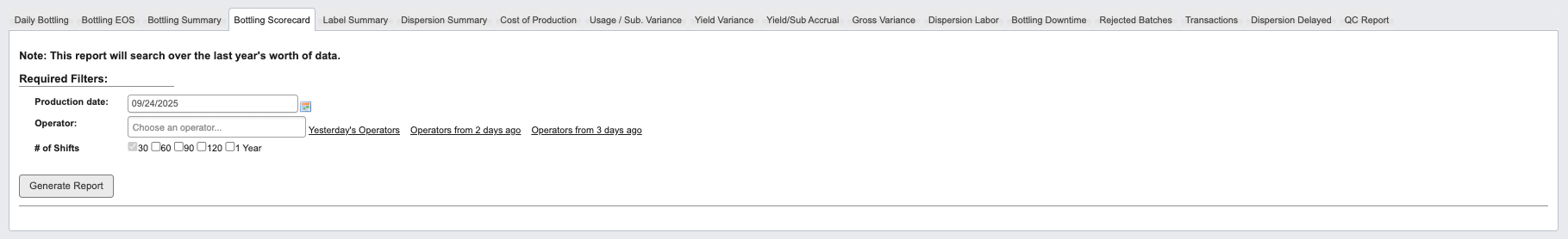 Bottling Scorecard Report