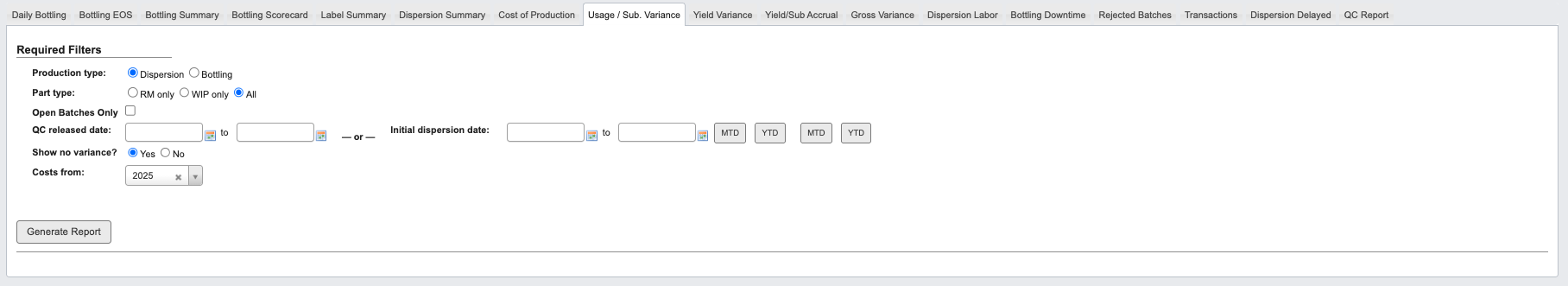 Usage/Sub Variance report