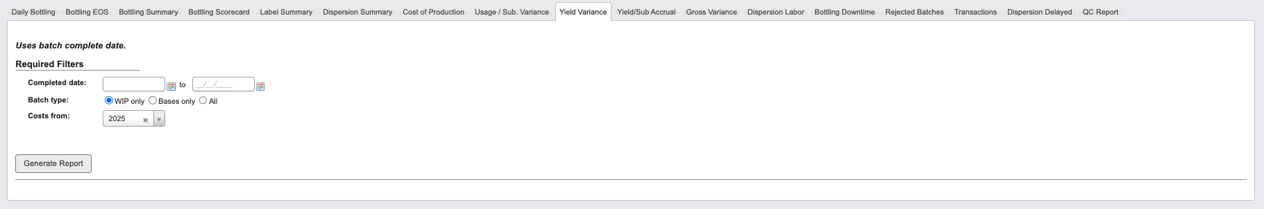 Yield Variance Report