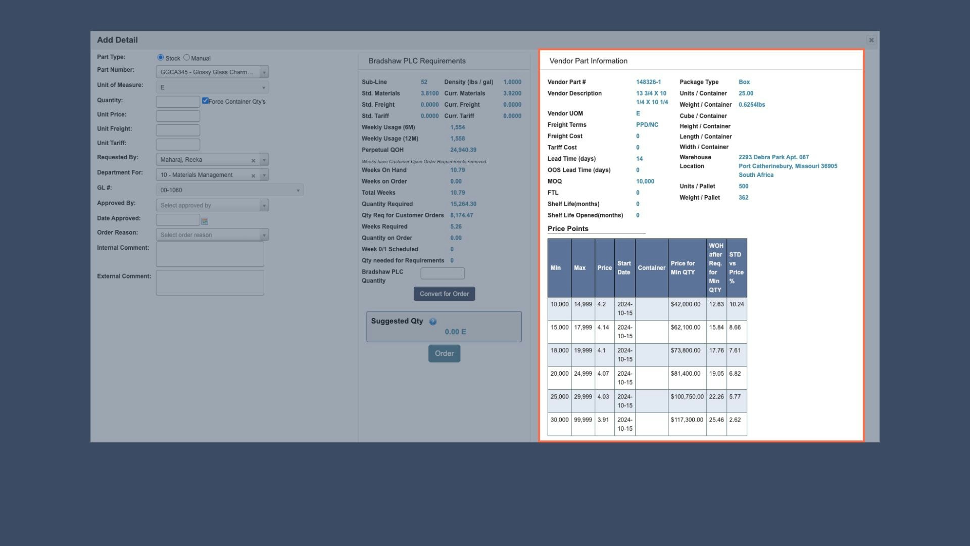 Add Detail Vendor Part Panel