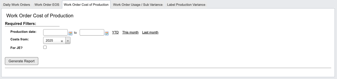 Work Order Cost of Production