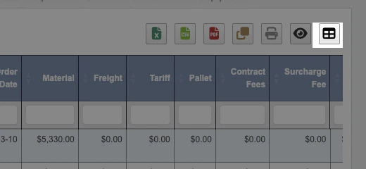 Open purchase orders table with the saved state button highlighted in the toolbar