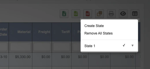 Saved state menu on the open purchase orders table showing where to create a state and where to click a saved state to switch views
