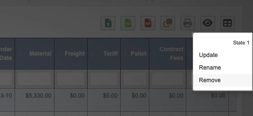 Saved state action menu on the open purchase orders table showing update rename and remove options