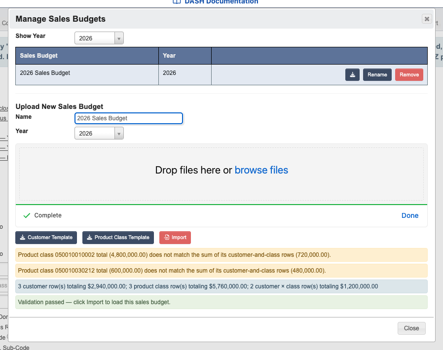Manage Sales Budgets dialog with a validated upload
