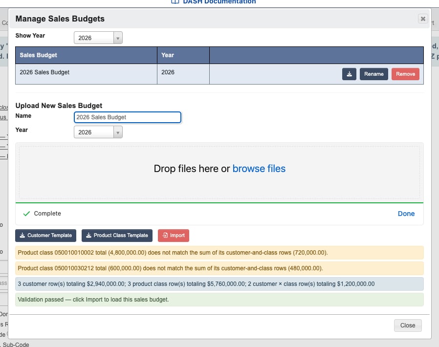 Manage Sales Budgets dialog with a validated upload